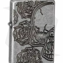 Zippo Lighter Antique Silver Skull & Roses 28988